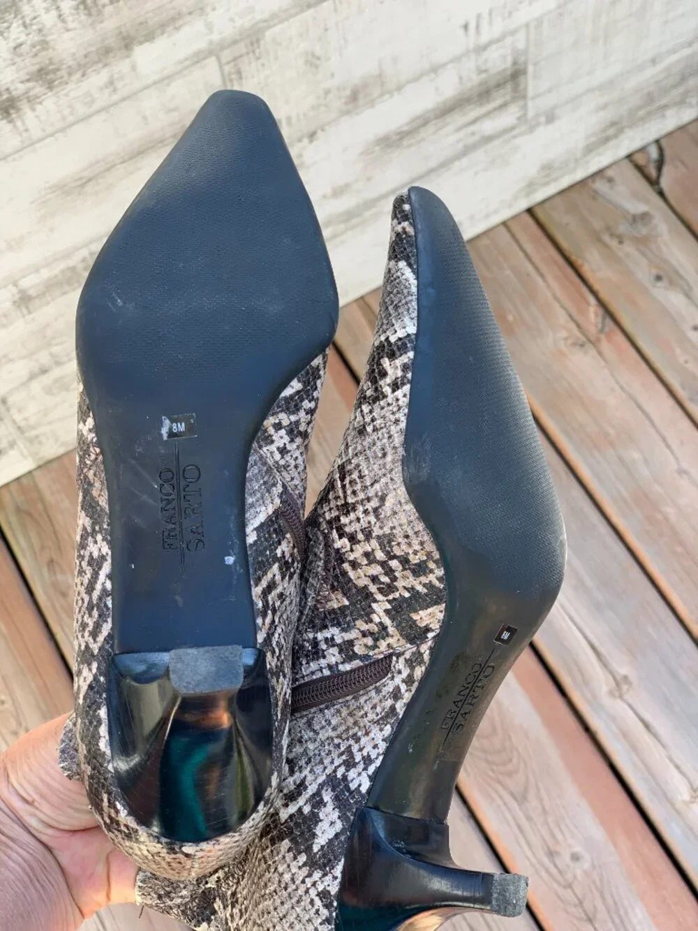 Vintage Franco Sarto Ankle Boot Brown Snakeskin Pointy Toe Kitten Heel Side Zip